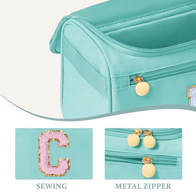 COSHAYSOO Initial Girls Hanging Travel Toiletry Bag Traveling Size Skincare Toiletries Bags Teen Girl Trip Gifts Favors, Summer Fall Camp Essentials for Teenage Sleepaway Sleepover Teal Blue Letter C