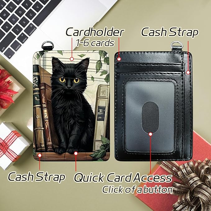 Small Travel Wallets, Black Cat Books Slim Minimalist Front Pocket Wallet with Wristlet, RFID Blocking PU Leather Credit Card Holder with ID Window Change Purse for Men Women