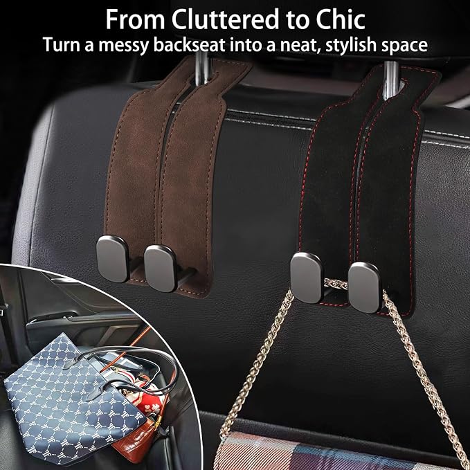 2Pcs Wide Car Headrest Hooks for Purses and Bags, 2026 Upgraded 0.98” Wide Opening for Thick Bag Handles, Premium Leather Car Seat Hanger with Dual Metal Hooks, WideFit Brown