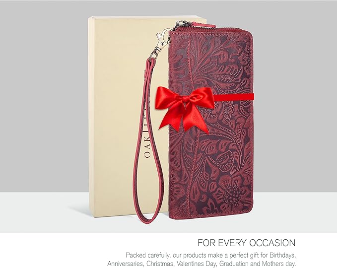 Red Embossed Wallet for Women - Leather RFID Womens Wallet Clutch with 8 Credit Card Holder, Coin Pocket, Gift for Women’s