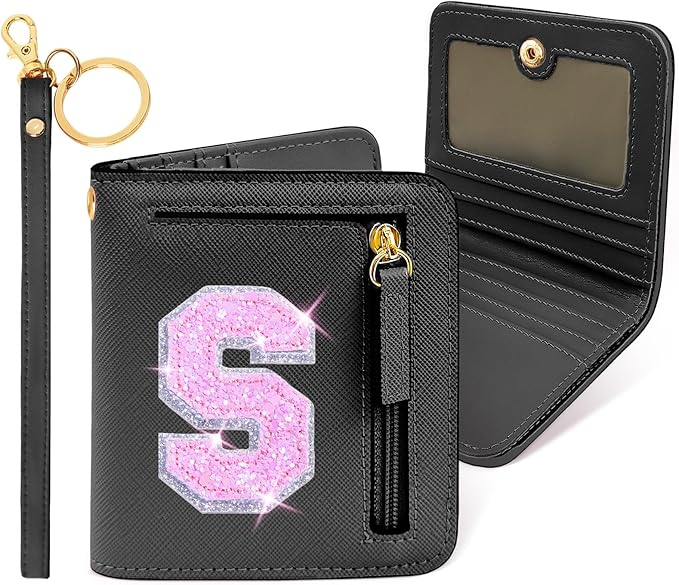 COSHAYSOO Initial RFID Wallet Small Monogrammed Letter Birthday Christmas Gifts for Preteen Tween Teen Girls Age 5 6 7 8 9 10 11 12 13 14 15 Year Old Preppy Cute Girly Stuff Travel Things Black S