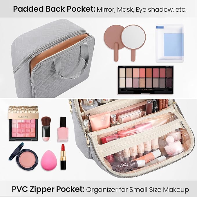 Makeup Bag, Stand up Large Capacity with Room for Brushes and Mirror, Travel Makeup Organizer, Portable Standing Make Up Case, Waterproof Cosmetic Toiletry Bags with Handle, Color Grey