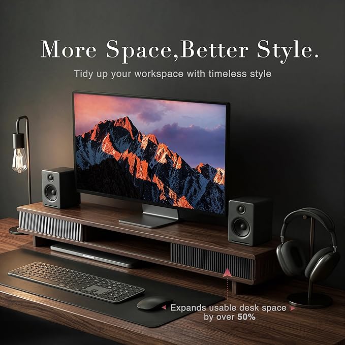 Dual Monitor Riser with Sliding Doors & Storage - 42.5" Extra Wide Dual Monitor Stand for Desk Organizer,Desk Shelf for Office & Gaming - Acrylic Wave Design,110 lbs Capacity,Walnut