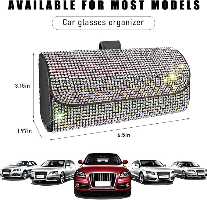 Ohleats Bling Sunglasses Holder for Sun Visor, Sparkling Glasses Sun Visor Organizer Case with Hidden Magnetic Closure, Auto Visor Crystal Eyeglasses Storage Case, Car Accessories (Bling Colorful)