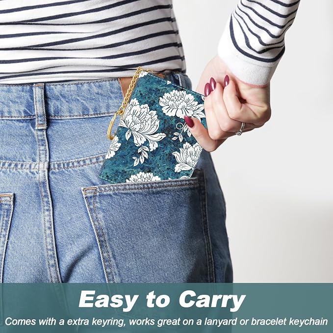 Nipichsha Credit Card Holder, Small RFID Card Wallet for Women, Slim Leather Card Holder Wallet, Credit Card Wallet Organizer, Pocket Business Card Case with Zipper & Keychain, White Flowers