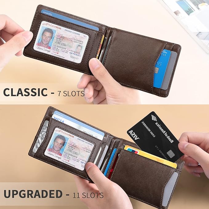 RUNBOX Slim Wallet for Men Genuine Leather RFID Blocking Bifold Minimalist Front Pocket Mens Wallet with Money Clip Thin Gift Box