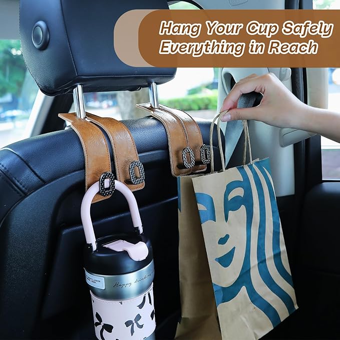 Car Headrest Hooks Universal Car Purse Hook Premium Leather and Alloy Twin Hook Car Seat Back Storage Hanger Hook for Purse Bags Cloth Drink Durable Holder Car Accessories (BH09-Brown-Black-4 Pcs)