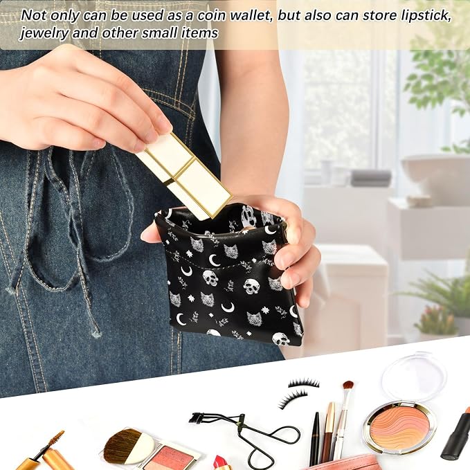 Gothic Moon Skull Cat Women's Waterproof PU Leather Coin Purse, Slim Travel Wallet with Zipper - Compact Card Holder & Jewelry Organizer for Cash, Keys, Lipstick