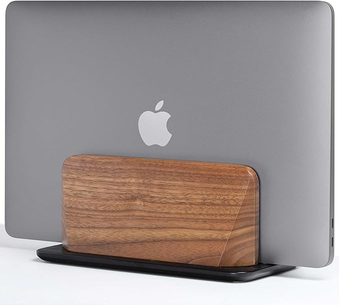 Vertical Laptop Stand, Solid Black Walnut Body & Black-Finished Ash Wood Base, Wood Laptop Holder Vertical for Desk - Adjustable Dock (0.47"-1.57" Width) Fits Most Laptops, MacBooks