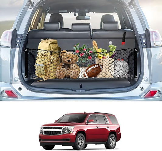 Cargo Net for Chevy Tahoe/GMC Yukon/Suburban 2015-2020, Karltys Trunk Net for Chevrolet Tahoe Accessories Envelope Style Netting with Metal Hooks, Highly Elastic Trunk Cargo Organizer for Yukon