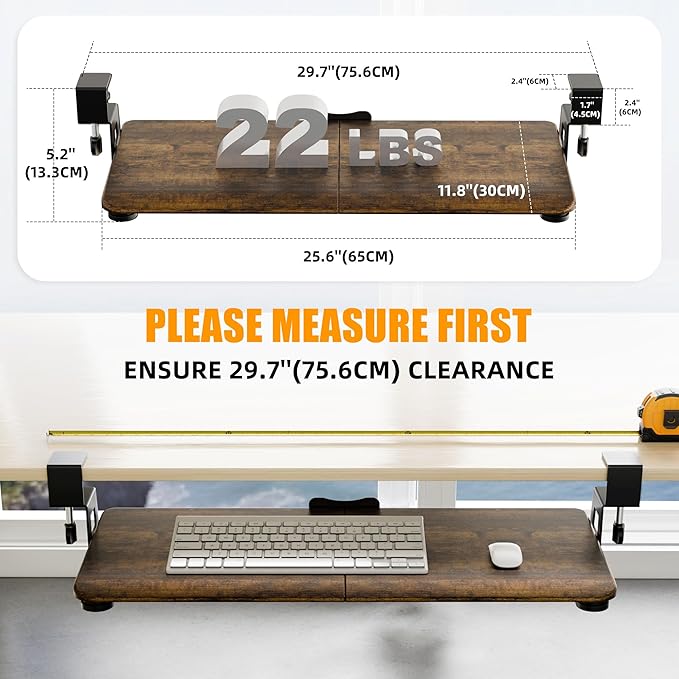 ERGOMAKER Keyboard Tray Under Desk, Pull Out Keyboard Tray with C Clamp Mount, 25.6" (29.7" Including Clamps) x 11.8" Slide-Out Platform Computer Drawer for Typing, Keyboard & Mouse Tray, Rustic Brown