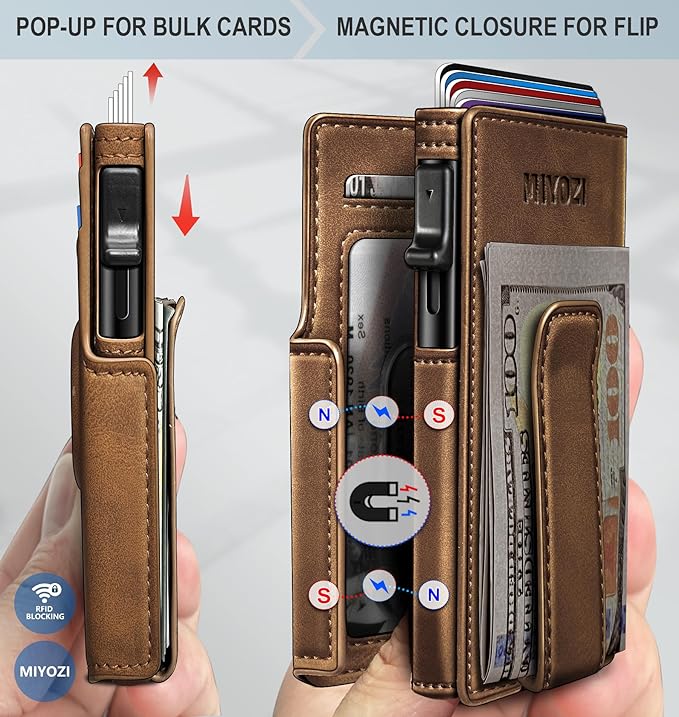 miyozi Airtag Wallet for Men,with Money Clip 10 Cards Metal Case Smart Slim Pop Up Credit Card Holder Flip with Magnetic Closure RFID Blocking wallet with Gift Box