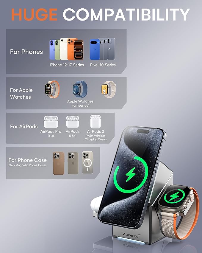 ZEEHOO 3 in 1 Charging Station for Apple, Mag-Safe for iPhone Charger, Qi2 Certified Rotating Wireless Charger Stand for iPhone 17,16,15,14,13,12 Series, Apple Watch, AirPods (USB-C Charger Included)