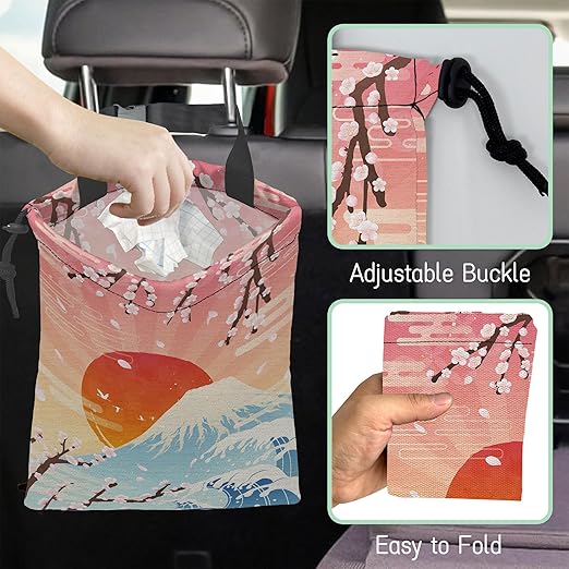 Plum Blossoms Car Trash Bag,Sunrise Hanging Drawstring Car Garbage Bag,Waterproof Canvas Car Back Seat Organizer with Adjustable Buckle,for Vehicles,SUVs,Camping,Road Trips