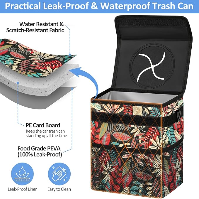 ELONGRIVER Car Trash Can Bin for Back Seat Leak Proof, Cute Car Trash Bag Hanging, Vehicle Trash Can for SUV Truck Van, Automotive Garbage Cans Front Seat Red Leaves, 2 Gallons