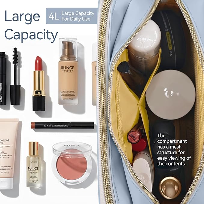 Travel Makeup Bag for Women, Large Capacity Waterproof Cosmetic Organizer with Divider & Handle, Portable Open Flat Toiletry Pouch for Travel Accessories (Blue)