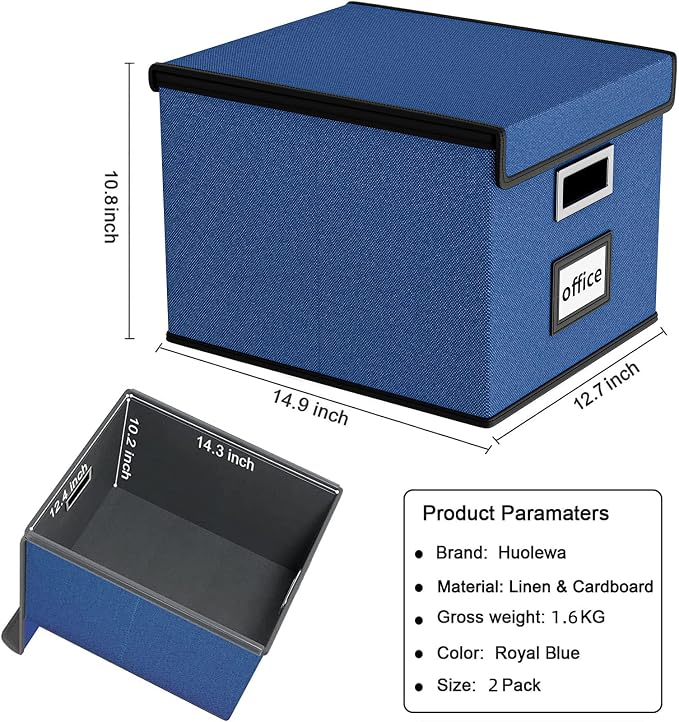 Decorative File Organizer Boxes Office Document Storage with Lids, Portable Collapsible Linen Hanging Filing & Storage Boxes for Office/Decor/Home (Royal Blue) -14.9 x 12.7 x 10.8 inch -2 Pack