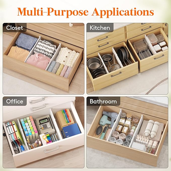 Lifewit 8" Tall 4 Pack Drawer Dividers, 35-56.5cm/13.8-22.2" Expandable Drawer Divider for Clothes, Adjustable Dresser Drawer Organizers, Drawers Separators for Dresser/Bathroom/Closet/Kitchen White