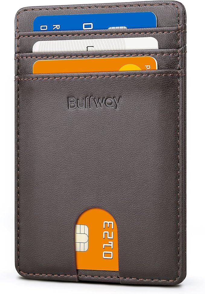 Buffway Mens Slim Wallet, Minimalist Thin Front Pocket Leather Credit Card Holder with RFID Blocking for Work Travel | Minimalist, Thin, Front Pocket, Credit Card Holder, RFID Blocking, for Work Travel