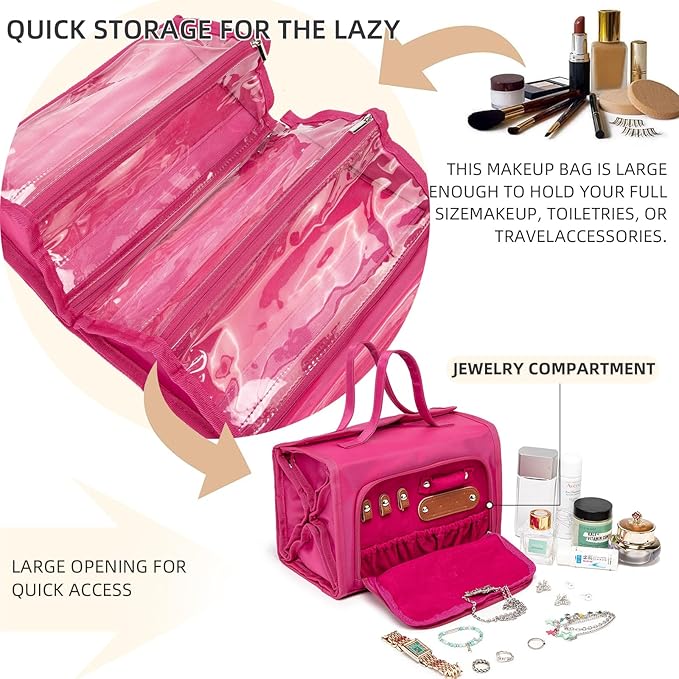 ROYALFAIR Roll Up Makeup Bag, Waterproof Toiletry Bag for Women, Hanging Travel Organizer bags with Jewelry Organizer Compartment, Extra Large 4 Clear TSA Approved Pouches Cosmetic Makeup (pink)