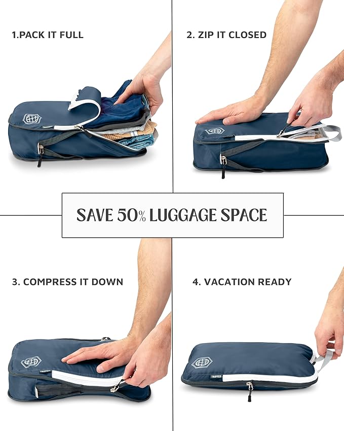 Compression Packing Cubes for Travel, 6-Piece Lightweight Packing Cubes Set for Carry-On Luggage & Backpacks – TRIPPED Travel Gear (Navy Blue and White)
