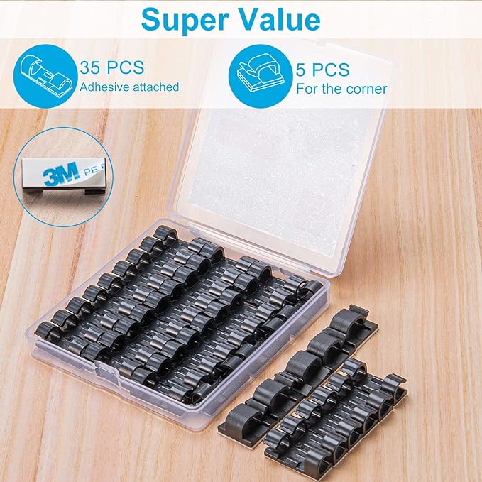 Self-Adhesive Cable Clips Black (40PCS, M), Upgraded Wire Clips for Wall, Strong Cord Organizer Cable Management Under Desk, Ethernet, Dash Cam, Outdoor Light