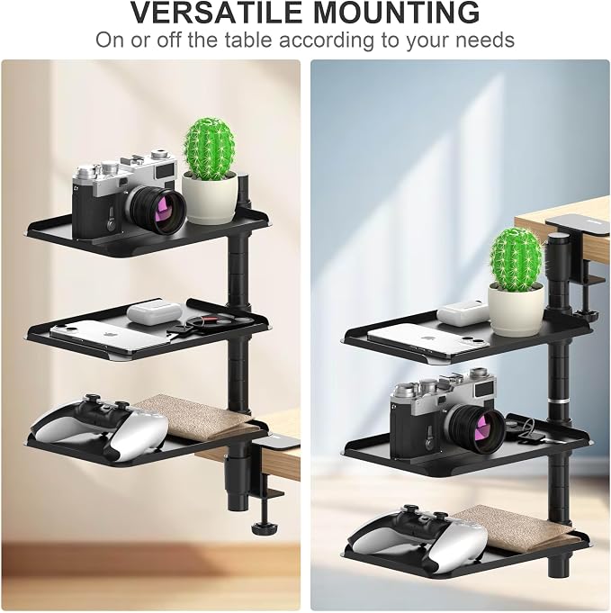3 Tier Metal Clamp On Desk Shelf - 360° Rotatable Above/Under Table Storage, Adjustable Desktop Organizer for Home Office & Gaming, Storage Tray for Devices & Accessories