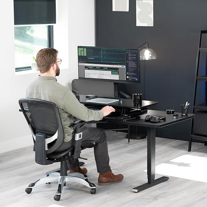 VIVO 42 inch Desk Converter, K Series, Height Adjustable Sit to Stand Riser, Dual Monitor and Laptop Workstation with Wide Keyboard Tray, Black Carbon Fiber Top, Black Frame, DESK-V042KR