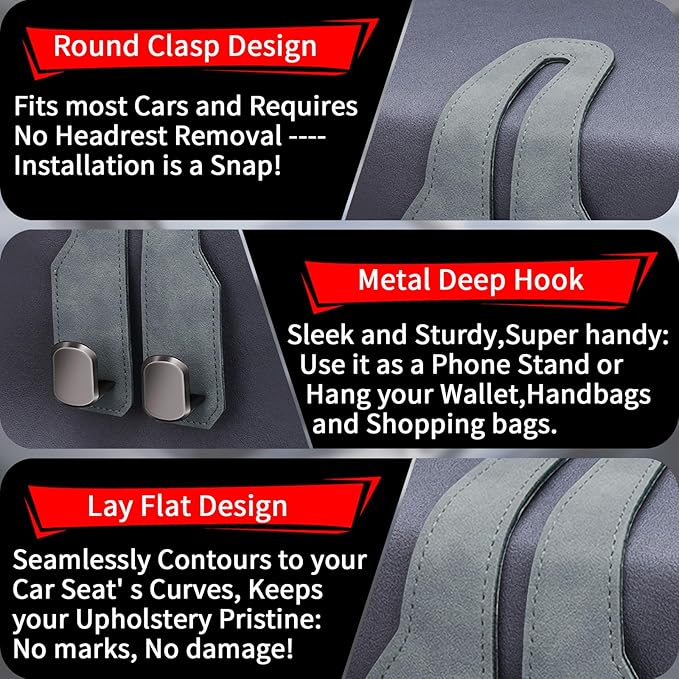 Car Seat Headrest Hooks for Purses and Bags, 4 Pack Bag Purse Holder for Car with Double Metal Hooks, Car Purse Hanger, Headrest Back Seat Handbags Hook Cute Hanging Accessories, Grey
