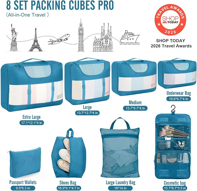 Veken 8 Set Packing Cubes for Travel Essentials, Suitcase Organizer Bags in 4 Sizes, Carry-On Luggage Accessories with Laundry Bag, Airplane Must Have, Gifts for Women Men