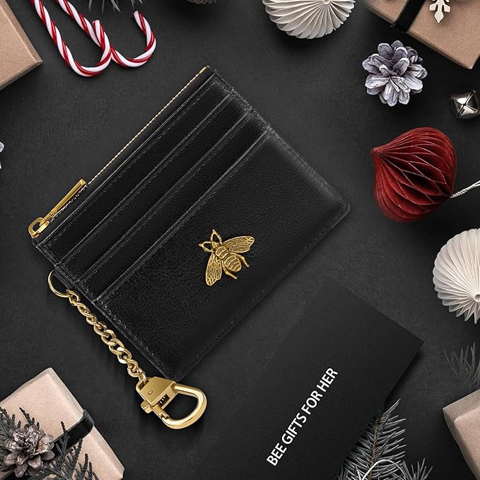 SEAVILIA Card Holder Keychain Wallet for Women with ID Window RFID Coin Purse Bee Gifts Slim Minimalist Small Wallet