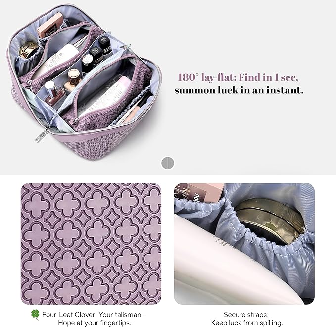 BOYATU Travel Makeup Bag for Women: Four Leaf Clover Large Capacity 3 Pcs Set Cosmetic Bags - Waterproof 50% Extra Space for Toiletry Organizer - Travel Essentials for Fortunate (02 Purple)