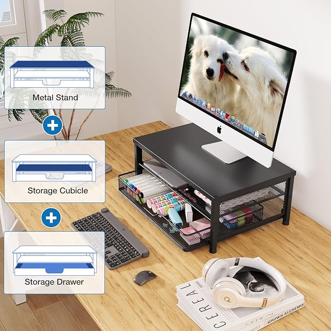 OPNICE Computer Monitor Stand Riser, Desk Organizer with Drawer, Printer & Laptop Stand, Office Desk Accessories & Workspace Desktop Organizers Storage for Office Supplies(Black 2-Pack)