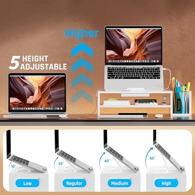 Adjustable Wood Laptop Stand, Ergonomic Height & Angle Computer Riser with Pen Holder – Compatible with MacBook Air/Pro, Dell, HP, Lenovo & 10-17.3" Notebooks – White