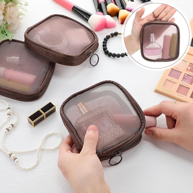 Weewooday 4 Pcs Mesh Makeup Bag Mesh Cosmetic Bag Travel Toiletry Pouch with Zipper Mini Makeup Cosmetic Purse for Daily Accessory(Small,Brown)
