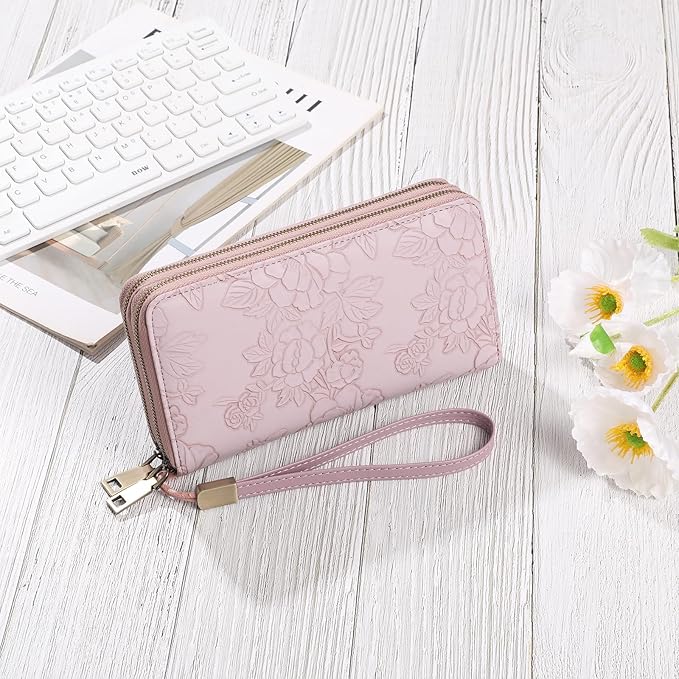 GAEKEAO Wallet for Women Clutch RFID Blocking Wristlet Leather Purse Large Capacity Credit Card Holder with Grip Hand Strap