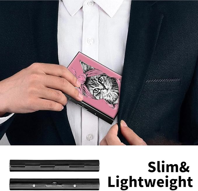 Metal Wallet, Credit Card Holder for Women Men Girls, RFID Blocking Aluminum Wallet Slim Hard Case, Mini Travel Wallet, ID Card Holder Business Card Case,Cat Pink