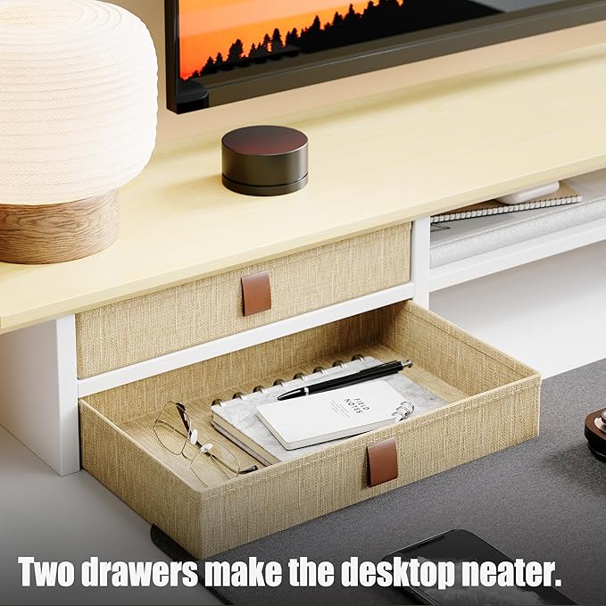 FENSULN Dual?‘Tier Monitor Stand Riser with Drawers, Desktop Organizer Shelf Storage for Computer Screen 2 Monitors, Supports for PC Computer Monitor, Printer, Heavy TV Riser Beige and White