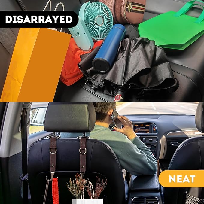 IronSeals 4 Pack Headrest Hooks for Car Seat, Heavy Duty Metal Utility Seat Hooks for Car Seat Organizer, Car Clips for Hanging Bag, Purse
