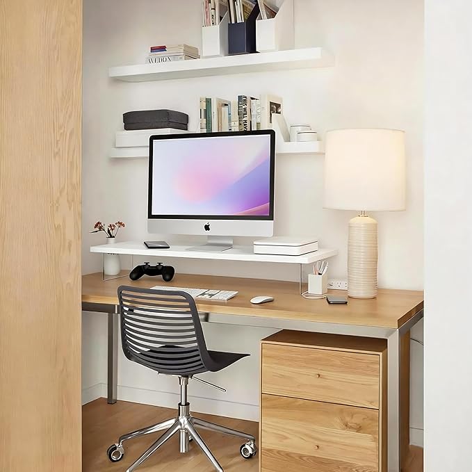 Wood Monitor Stand Riser with Acrylic Legs, Computer Screen Stand Desk Organizer, 31.5 x 7.9 x 3.1 inch, Hold up to 66 lbs (White, 31.5"×7.9"×3.1")