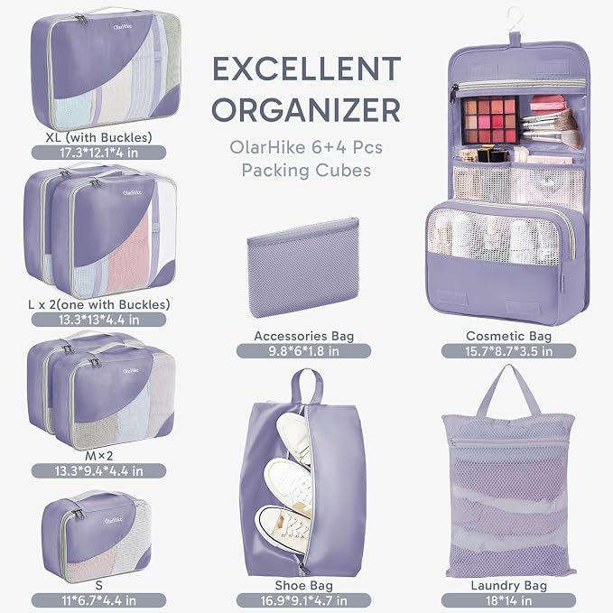 OlarHike 10 Set Packing Cubes for Travel, Gifts for Women Mom,Anti-Tearing Suitcase Organizer with Over 1000 pcs Mesh Holes,Vacation Essentials & Accessories for Cruise Ship