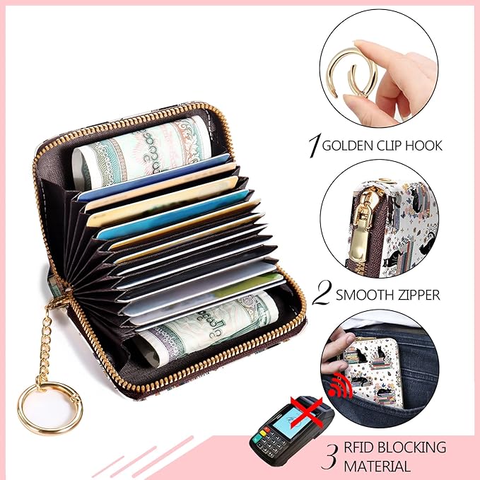 Blusabaca Black Cat Bookish Book Lover Women Credit Card Holder, Cute Small RFID Blocking Zipper Wallet, Keychain PU Leather Card Case, Aesthetic Wallet Female Girls Gift
