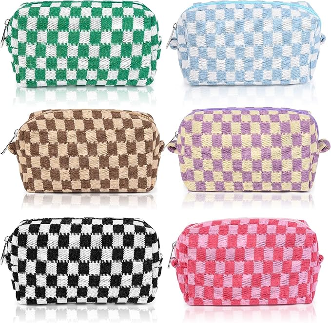 HERGÉ Checkered Makeup Bags, Small Cosmetic Pouches with Zipper, Travel Storage Cases, 6 Pack