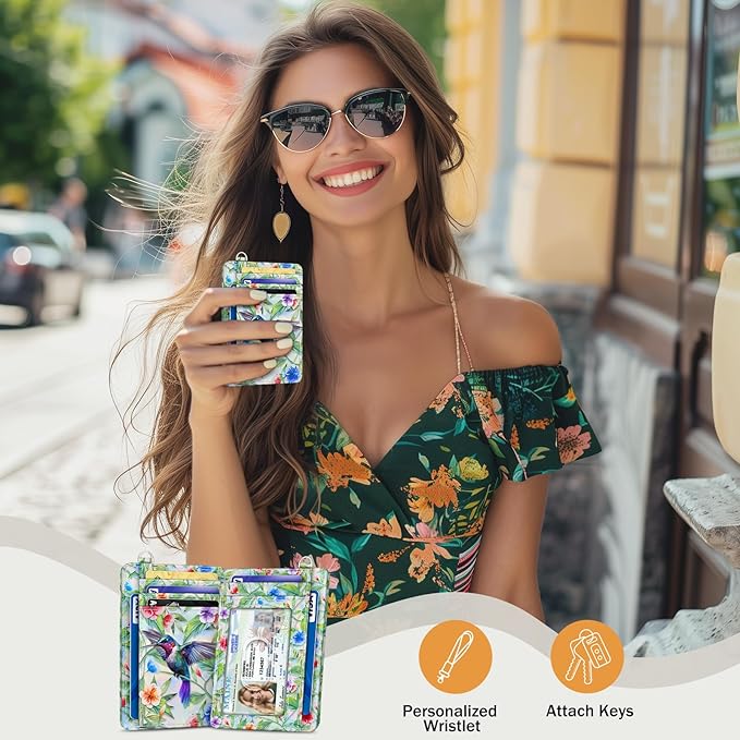 Yonlevres Credit Card Holder Slim Wallet, Hummingbird RFID Wallet Women Front Pocket Small Card Holder, Travel Funny Cute Thin Card Case ID Window PU Leather RFID Blocking Card Organizer Gifts Girls