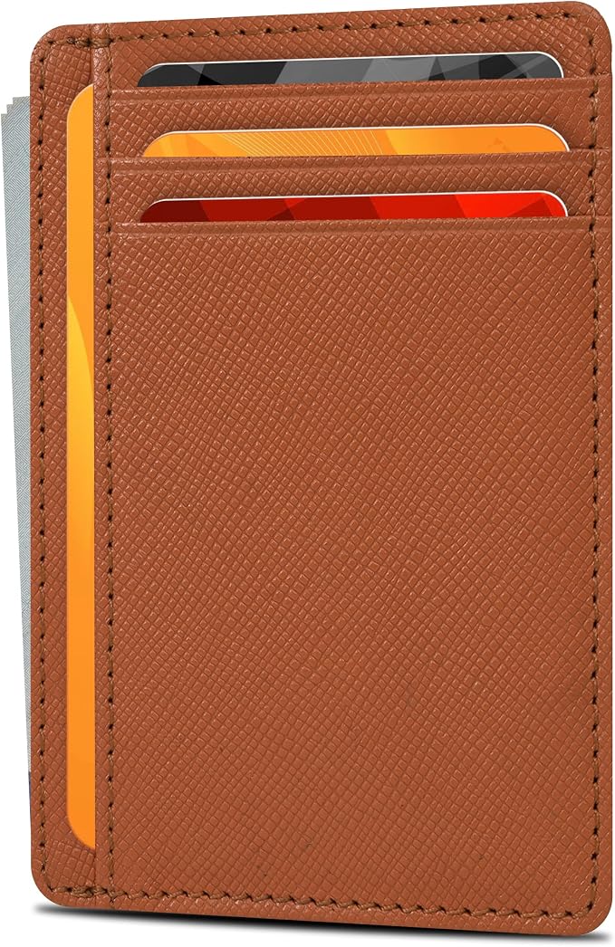 Real Leather Slim Minimalist Wallet for Men and Women -RFID Blocking Front Pocket Thin Credit Card Holder Stylish Wallets (Cognac)