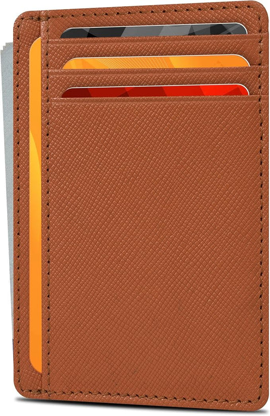 Real Leather Slim Minimalist Wallet for Men and Women -RFID Blocking Front Pocket Thin Credit Card Holder Stylish Wallets (Cognac)