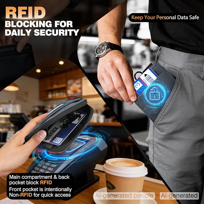 Coin Purse for Men, RFID Blocking 500D Nylon Small Wallet with Key Clip, Slim Front Pocket Card Holder, Zipper Coin Pouch & ID Window Organizer for Cards, Cash