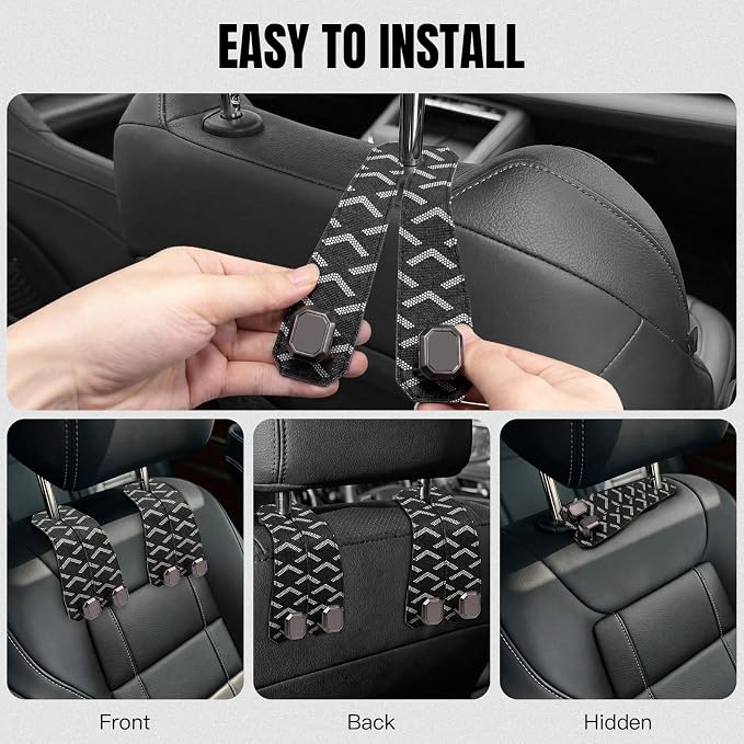2PCS Car Hooks for Headrest, Faux Leather Purse Hook for Car Seat Back Organizers and Storage, Double Metal Purse Holder Bag Hanger, Universal Car Interior Accessories for Women Man