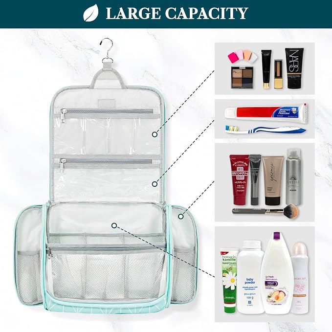 PAVILIA Large Hanging Makeup Bag and Toiletry Organizer for Women, Travel Cosmetic Case with 10 Compartments, Swivel Hook and 3 Leakproof Pockets, Packs Flat, Teal Chevron