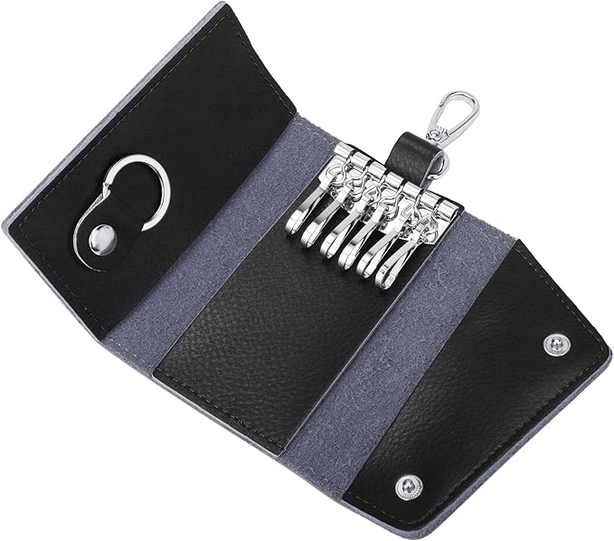 BAKUN Compact Leather Car Key Case, Key Holder Key Organizer Wallet, With 6 Hooks(Black)